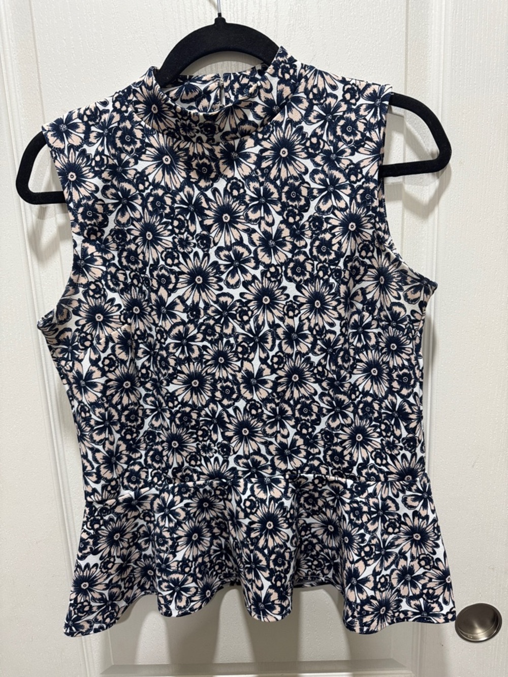 Banana Republic Floral Peplum Top Size S Navy White Sleeveless Mock Neck